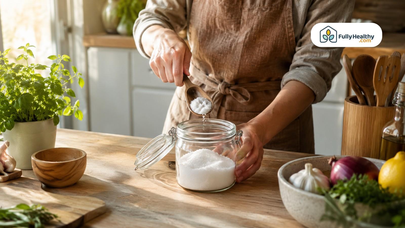 Home cook transferring salt into airtight glass jar for long-term moisture protection
