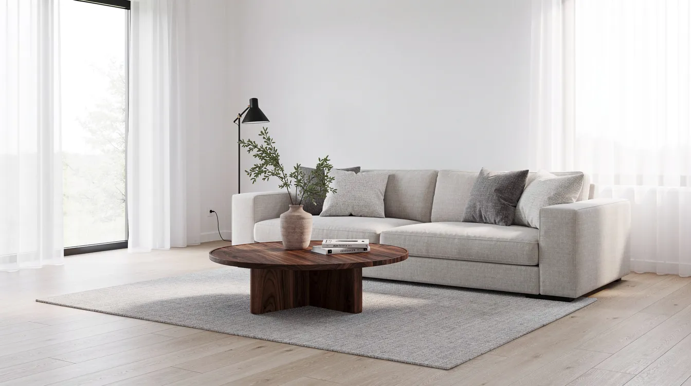 Ett modernt skandinaviskt vardagsrum med en ljus soffa och ett runt soffbord i valnöt, som ger en snygg och stilren känsla. Rummet visar en harmonisk blandning av olika material och design, vilket skapar en inspirerande atmosfär för hemmet.
