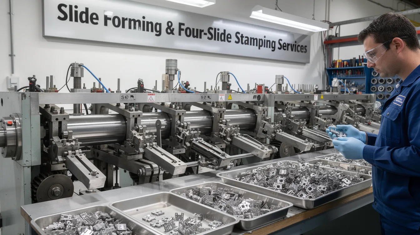 The image showcases a modern manufacturing facility featuring advanced slide forming and four slide stamping machines, designed to produce intricate parts with complex shapes and multiple bends. These machines are capable of efficiently creating high-quality components from various materials like aluminum, brass, and copper, highlighting the capabilities and advantages of four slide technology in industrial production processes.