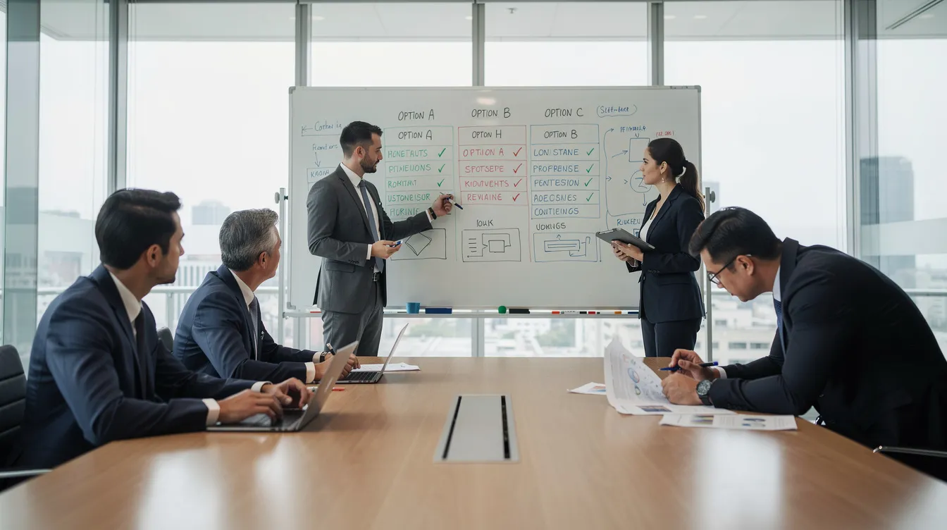 A group of business professionals is gathered in a meeting room, analyzing various software options displayed on a whiteboard, which likely includes features of learning management systems (LMS) and their implementation plans. They are engaged in discussions about how to enhance training effectiveness and deliver effective training programs for multiple clients. A group of business professionals is gathered in a meeting room, analyzing various software options displayed on a whiteboard, which likely includes features of learning management systems (LMS) and their implementation plans. They are engaged in discussions about how to enhance training effectiveness and deliver effective training programs for multiple clients.