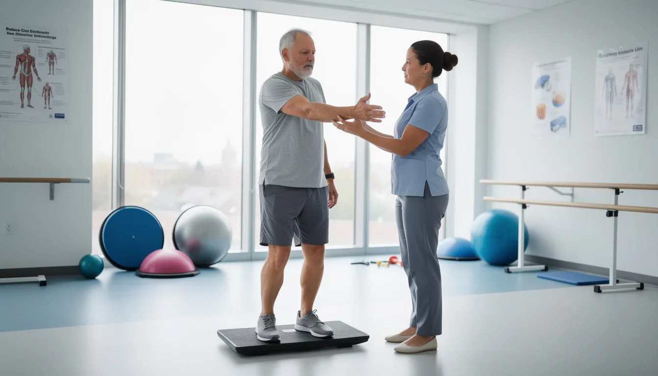 The image depicts a patient engaged in balance exercises with a physical therapist, focusing on improving motor and sensory skills after experiencing a traumatic brain injury. The therapist provides guidance and support to help the patient regain normal brain function and enhance their recovery process.