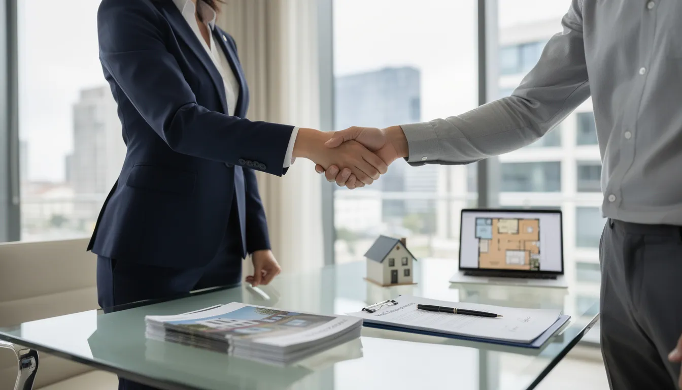 The image depicts two professionals in a real estate setting shaking hands, symbolizing a successful agreement in today's competitive housing market. This moment captures the essence of negotiation strategies, highlighting the importance of strong demand and the right approach for buyers and sellers in Connecticut's real estate landscape.