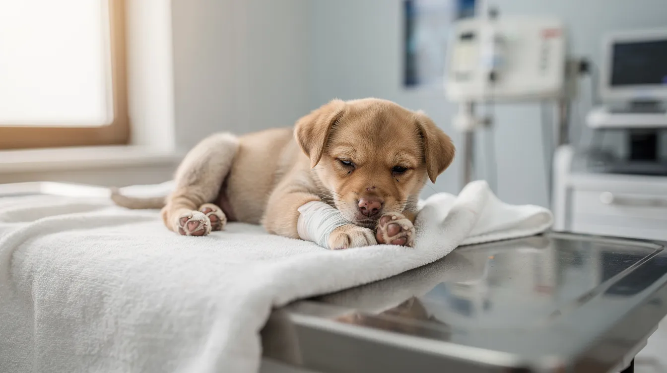 A young puppy is peacefully resting at a veterinary clinic, where it may receive treatment for intestinal worms, a common concern for dog owners. The puppy's overall health is being monitored to ensure it remains worm-free and healthy.