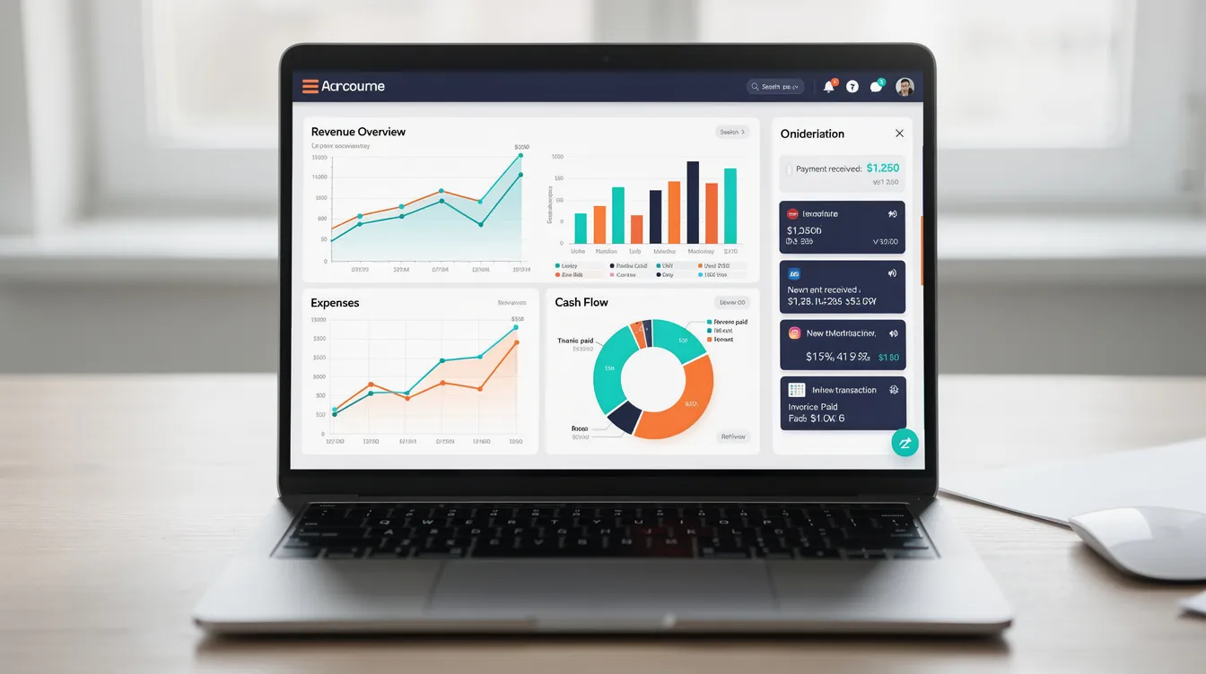 The image depicts a laptop screen displaying financial dashboards with various payment notifications, highlighting key information such as invoice numbers, payment requests, and payment terms. This visual represents the billing and invoicing process, showcasing how businesses manage transactions and collect payments efficiently.