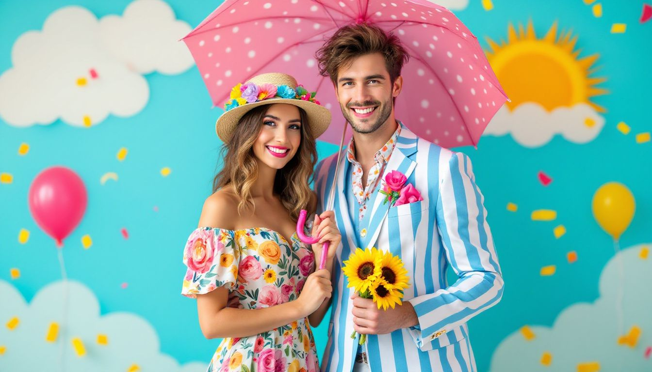 A couple wearing vibrant outfits that make them feel amazing during a photo session.