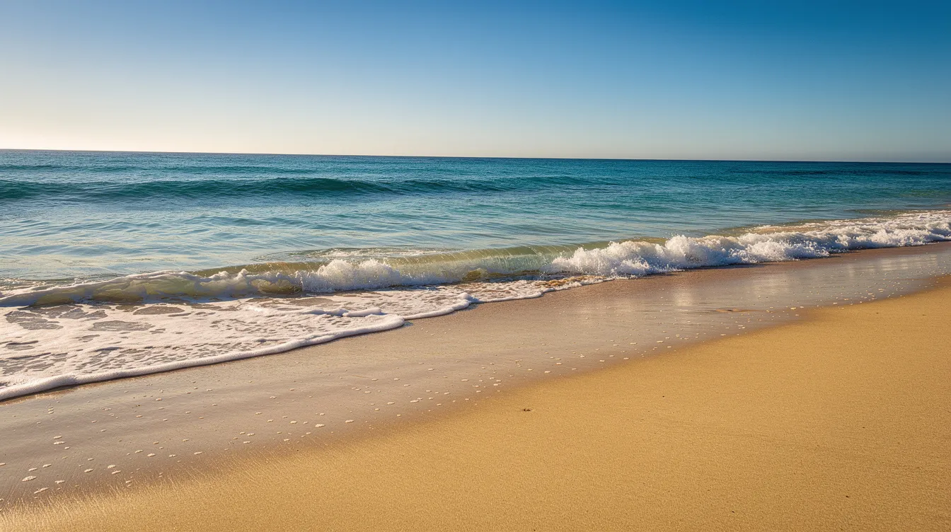 The image depicts ocean waves gently rolling onto a sandy beach under a clear blue sky, showcasing the serene beauty of the Atlantic coast. This scene reflects the mild temperatures and good weather typical of Casablanca, making it an inviting destination for visitors seeking warm summers and sunshine.