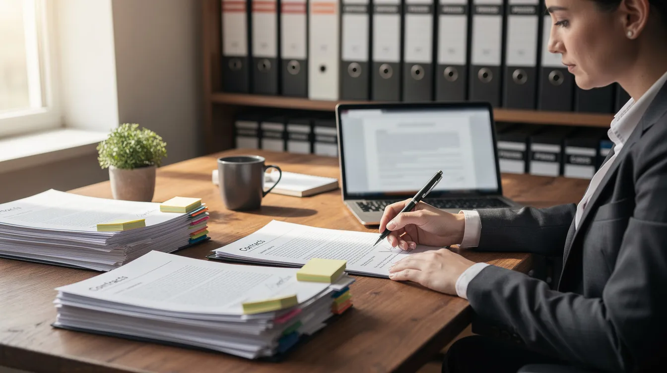 An individual is sitting at a desk, meticulously reviewing legal documents and paperwork related to a personal injury case, possibly involving a car accident. The scene suggests a focus on the details necessary for filing a claim under the Colorado governmental immunity act, indicating the involvement of a government agency or public entity in the accident.