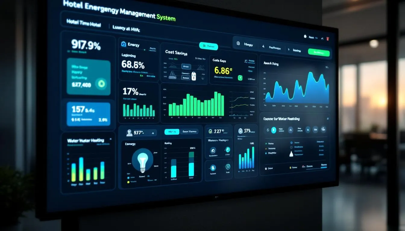 The image depicts a modern hotel energy management system dashboard displaying key metrics related to cost savings, highlighting areas such as hotel operating costs and operational efficiency. It features graphs and data visualizations that help hotel management teams make informed decisions to optimize pricing and enhance guest satisfaction.