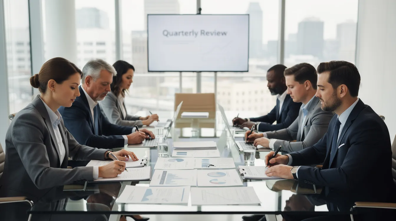 In a modern office setting, a group of business professionals is engaged in reviewing documents, likely related to workers compensation claims and personal injury cases. Their focused discussion suggests they are strategizing on how to best support injured workers and navigate the legal process for maximum compensation.