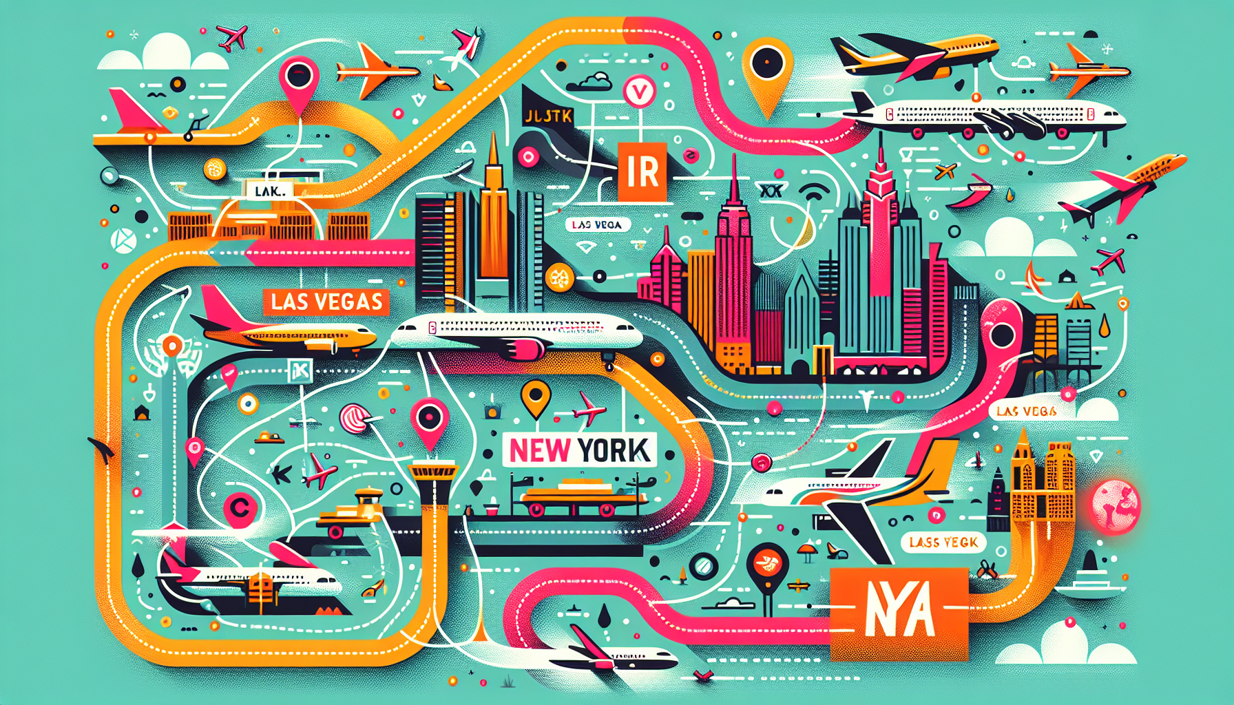 Illustration of airport options in Las Vegas and New York, highlighting key airports like JFK and Newark.