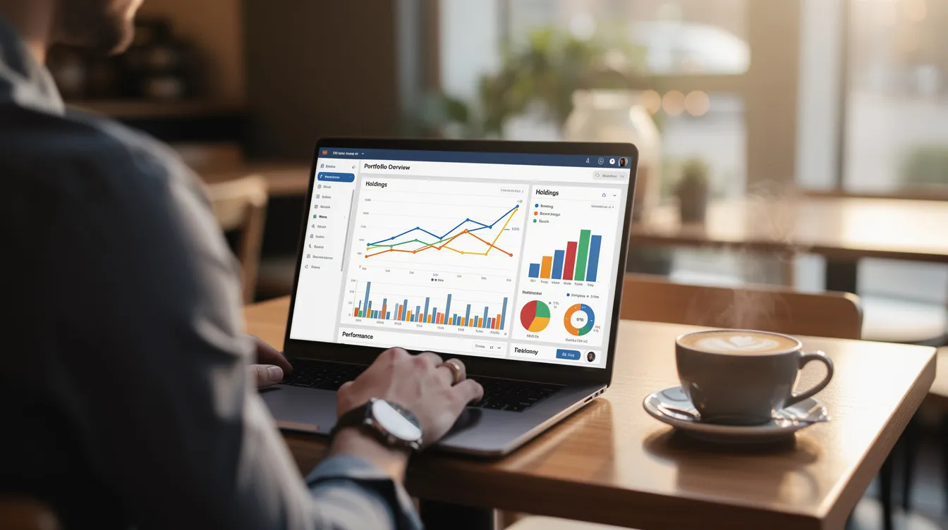 A person is sitting at a desk, reviewing their investment portfolio on a laptop while enjoying a cup of coffee. The scene reflects a moment of personal finance management, where the individual is likely assessing their assets and making decisions about their brokerage account and future investments.