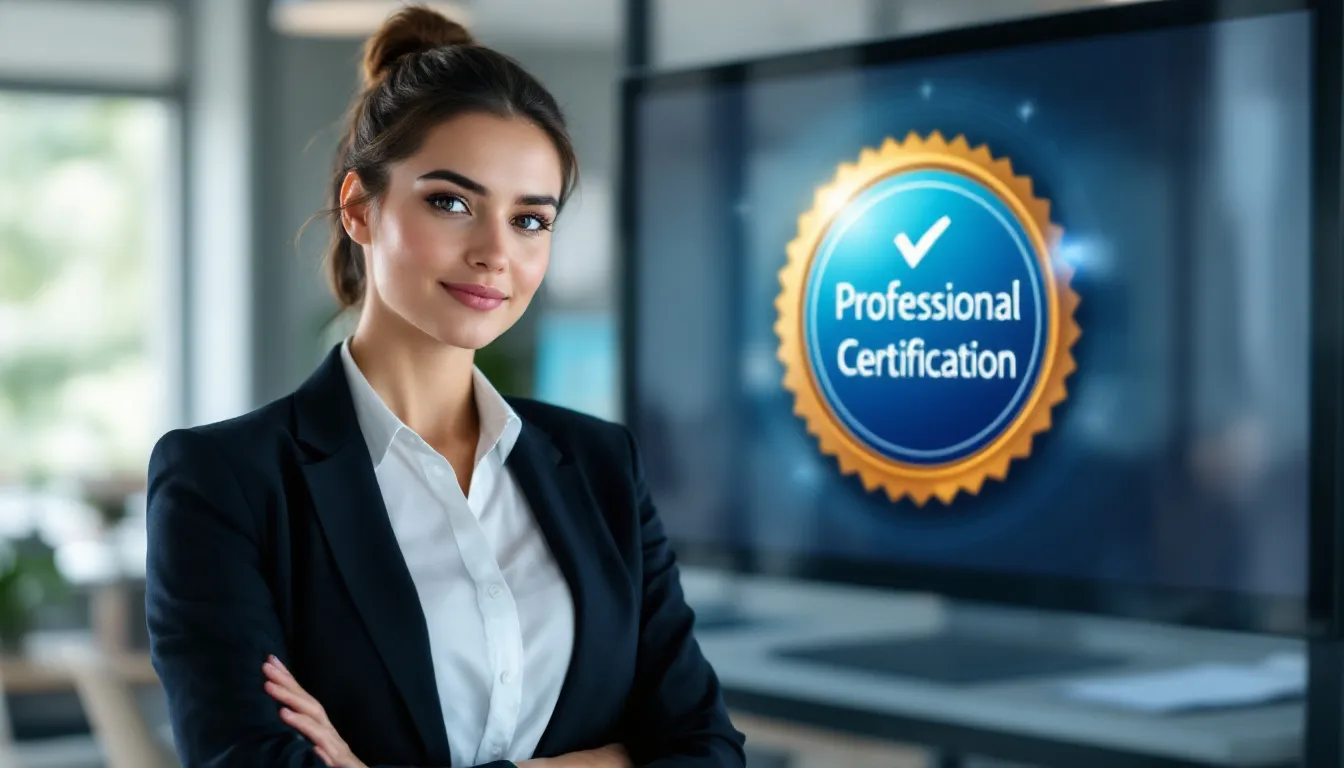 A professional is sitting in front of a computer screen, proudly displaying a digital certification badge received for passing certification exams. This achievement highlights their technical skills and expertise in their field, demonstrating their commitment to professional development and excellence.