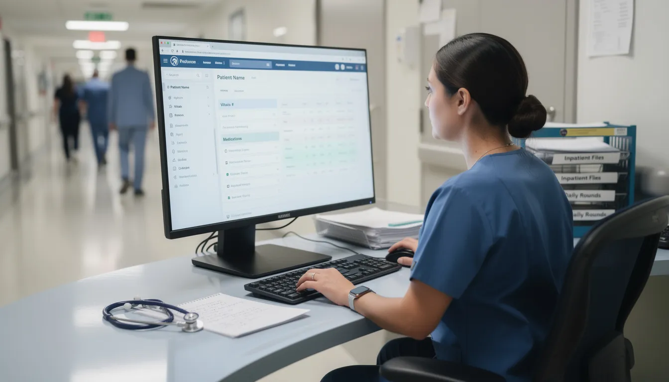 A healthcare professional is seated at a nursing station, intently reviewing patient information on a computer monitor, demonstrating critical thinking and organizational skills essential for effective patient care. Other healthcare professionals may be seen in the background, highlighting the collaborative nature of the nursing process in a hospital setting.