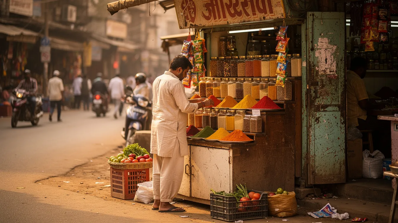 A small business owner is seen carefully arranging various products at a compact market stall in India, showcasing the vibrant offerings typical of local entrepreneurship. This scene reflects the essence of small businesses that could benefit from initiatives like the Pradhan Mantri Mudra Yojana, aimed at providing financial support to eligible borrowers in the micro enterprises sector.