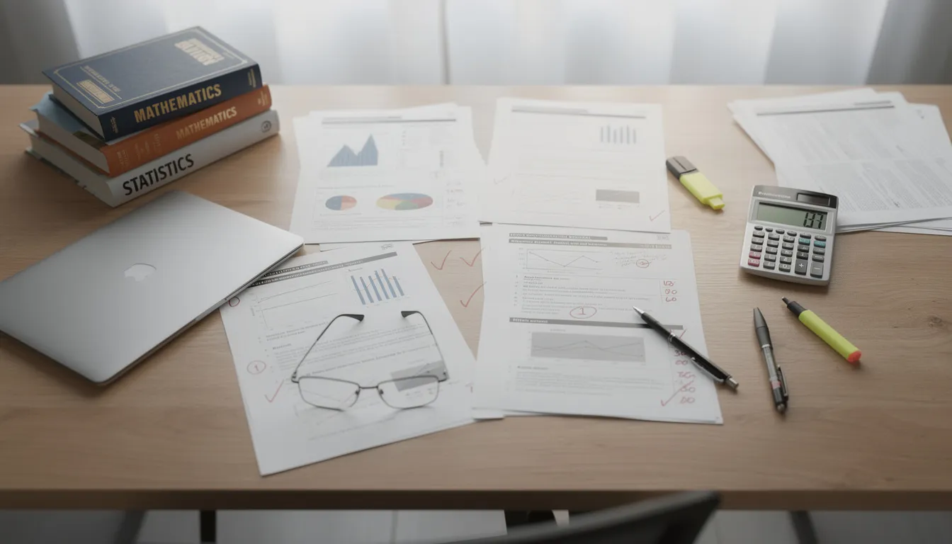 The image depicts a professional desk cluttered with various documents and a calculator, symbolizing academic assessment. This setting suggests a focus on evaluating performance, reminiscent of the processes involved in exams such as the CAT, including the use of response sheets and answer keys.