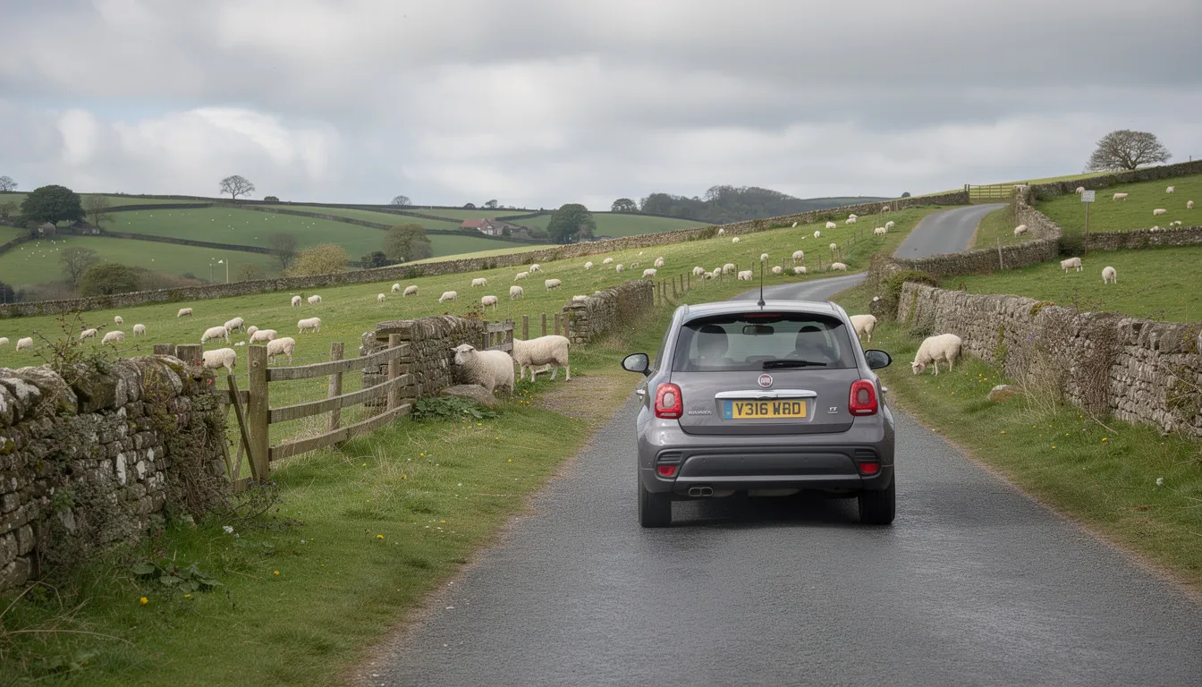 Une voiture de location roule sur une route de campagne en Angleterre, entourée de champs verdoyants où paissent des moutons. Ce paysage typique du Royaume-Uni évoque l'authenticité des voyages à travers les villages pittoresques.