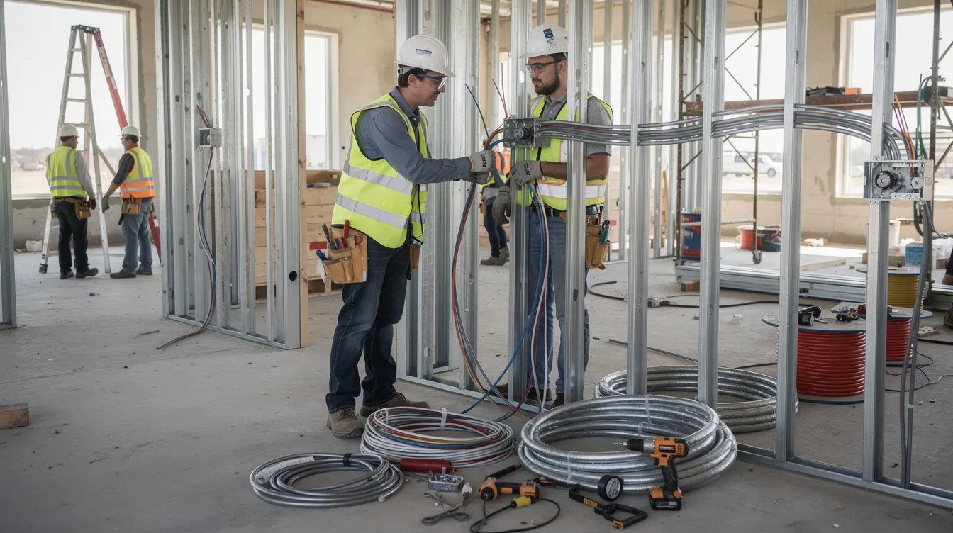 A construction apprentice is actively learning electrical wiring on a commercial building job site, surrounded by various tools and conduit, emphasizing the hands-on training aspect of apprenticeship programs in the construction workforce development in Pennsylvania. The scene highlights the practical skills necessary for construction jobs and the importance of safety and compliance on construction sites.