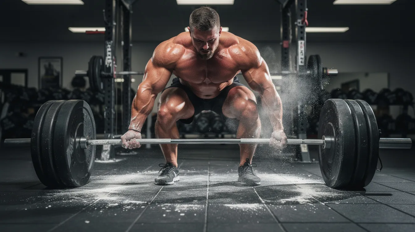 A man is focused on performing a heavy deadlift in a gym, with chalk on his hands and a barbell loaded with plates. This image captures the essence of strength training, essential for muscle growth and enhancing natural testosterone production.