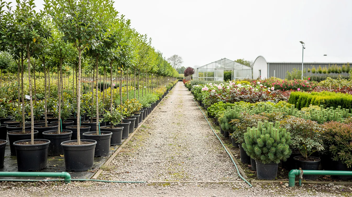 The image depicts a large outdoor nursery filled with healthy trees and shrubs arranged in neat rows, showcasing a variety of plants ready for purchase. This vibrant scene captures the essence of a thriving garden space, perfect for plant parents looking to expand their collection with live plants and rare varieties.