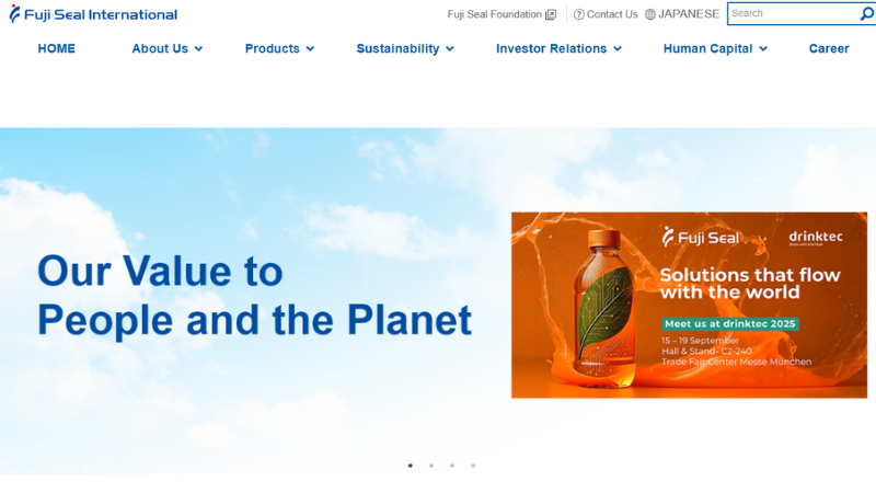 Fuji Seal International website banner with sustainability message and event promo