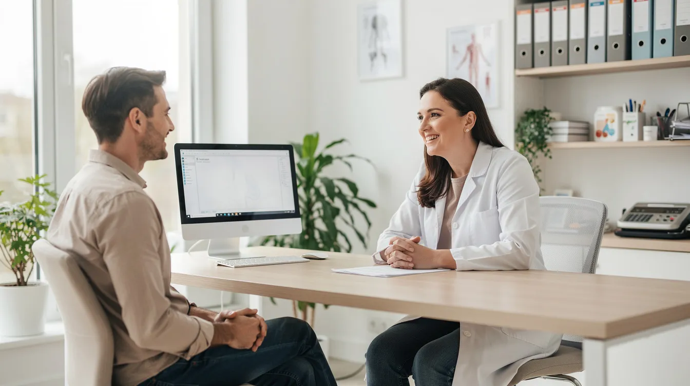 In einer modernen, hellen Arztpraxis führen ein Arzt und ein Patient ein Gespräch in freundlicher Atmosphäre über gesundheitliche Themen. Es wird über die steigenden Fallzahlen von sexuell übertragbaren Infektionen wie Gonorrhö und Syphilis gesprochen, die laut ECDC-Bericht im Mai 2026 in Europa einen Höchststand erreicht haben.