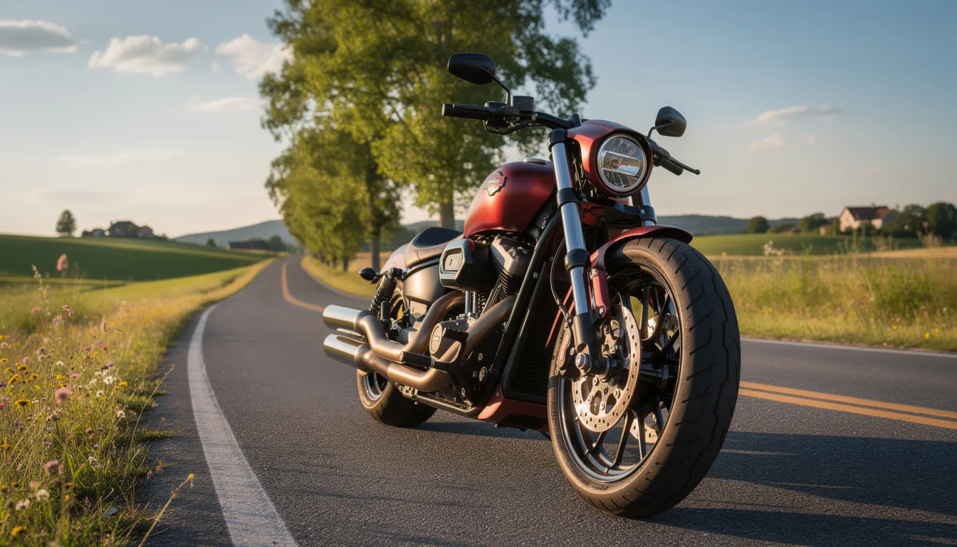 A high-performance Harley Davidson-style motorcycle is cruising along a picturesque country road, surrounded by lush greenery and open fields. The bike showcases sleek design details and is equipped with a powerful motorcycle battery, perfect for enhancing its performance on any adventure.