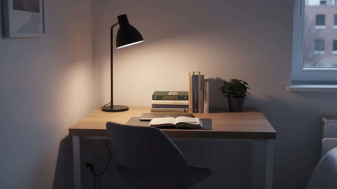 The image depicts a tidy study area in a small apartment, featuring a desk lamp illuminating a few neatly arranged books. This organized space can enhance focus and support critical thinking, providing valuable tools for both students and adult learners to engage in the learning process effectively.