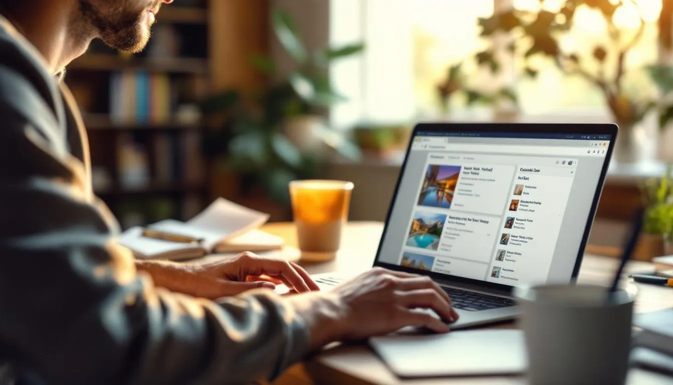 A person sits at a desk, intently using a laptop to search for hotels while planning a trip, surrounded by travel brochures and a notepad. The screen displays various hotel listings and search engine results, highlighting their focus on hotel SEO strategies and local attractions for an optimized travel experience.