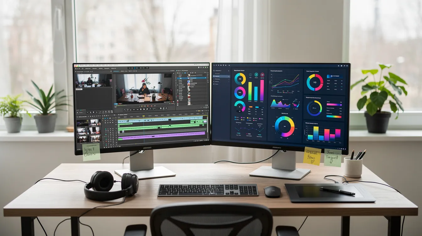 The image depicts a modern creative workspace featuring dual monitors displaying video editing software alongside colorful charts, illustrating the use of AI tools in content creation. This setup reflects the growing trend of leveraging generative AI for creating engaging content, similar to what successful YouTube channels are doing to capture the attention of the general public.