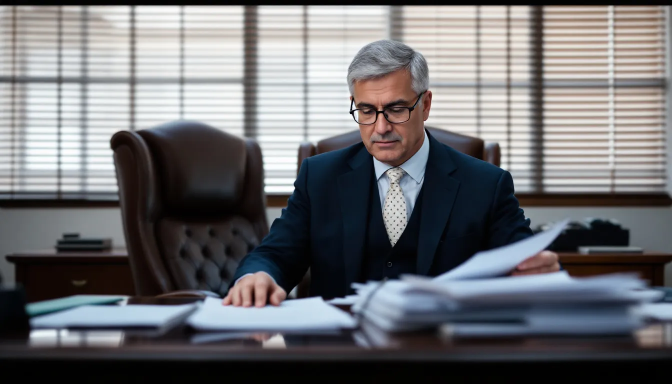 A malpractice medical lawyer sits at a desk, reviewing medical records and documents related to a medical malpractice case, emphasizing the importance of legal expertise in navigating medical negligence claims and securing fair compensation for victims. The office is organized, reflecting a professional environment dedicated to assisting clients in medical malpractice lawsuits.