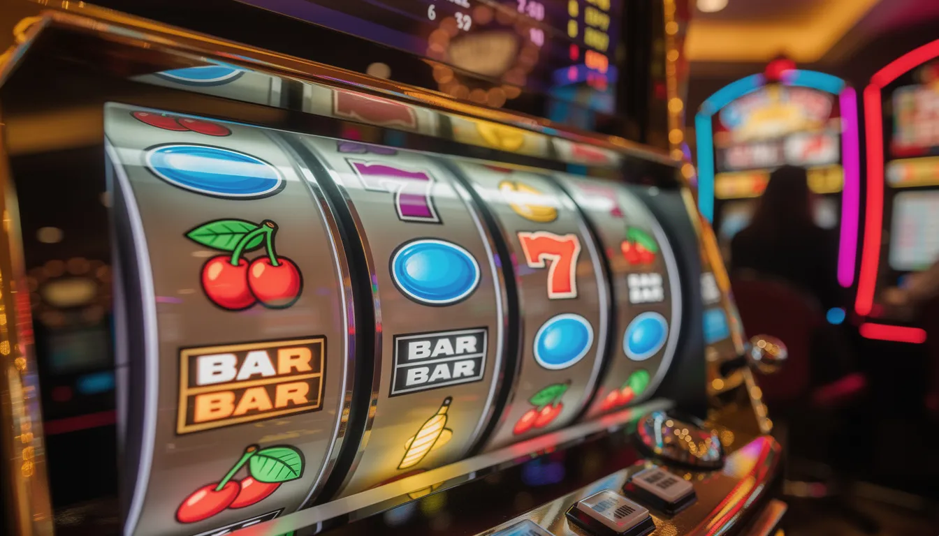 En färgglad spelautomat med snurrande hjul och blinkande ljus skapar en livlig casinoatmosfär. Denna bild fångar känslan av att spela på ett online casino, där olika slots erbjuder spännande möjligheter för nya spelare.