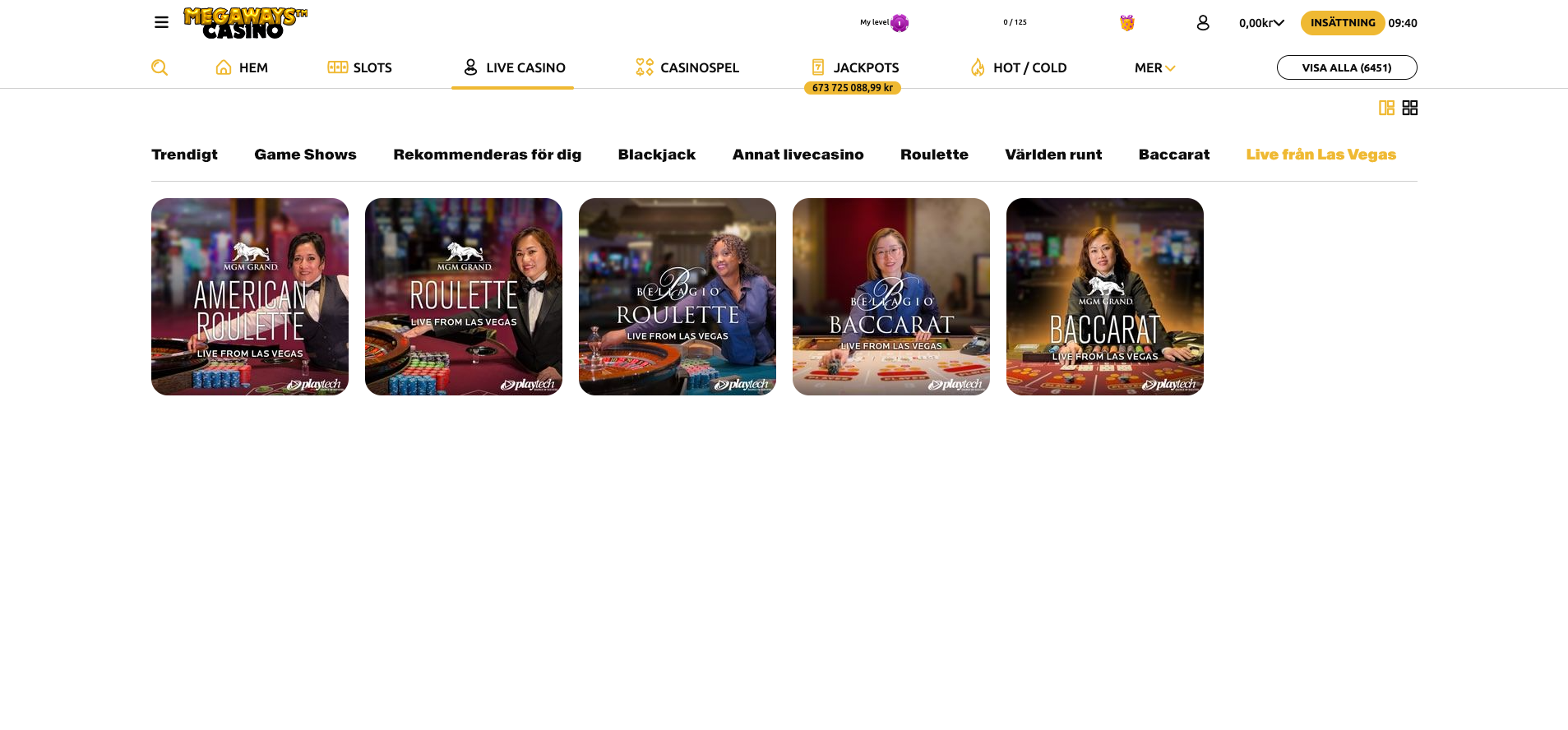 Live från Las Vegas hos Megaways Casino med autentiska bord från amerikanska casinon.