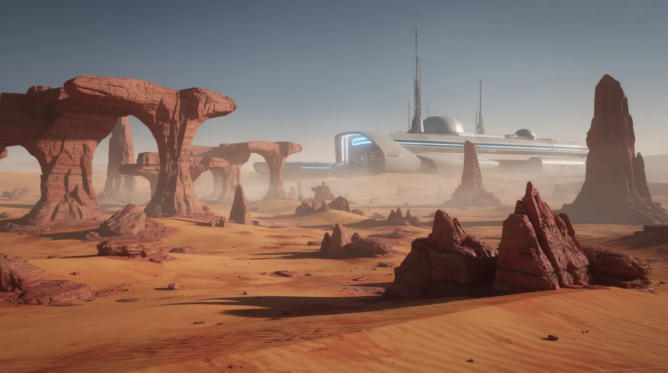 Die Wüstenlandschaft zeigt beeindruckende rote Felsformationen, die von einer futuristischen Struktur im Hintergrund ergänzt werden, was an eine Science-Fiction-Welt erinnert. Diese Szenerie könnte gut in einem Film wie "Avatar" oder "Star Wars" vorkommen, in dem Spezialeffekte und außergewöhnliche Umgebungen eine zentrale Rolle spielen.