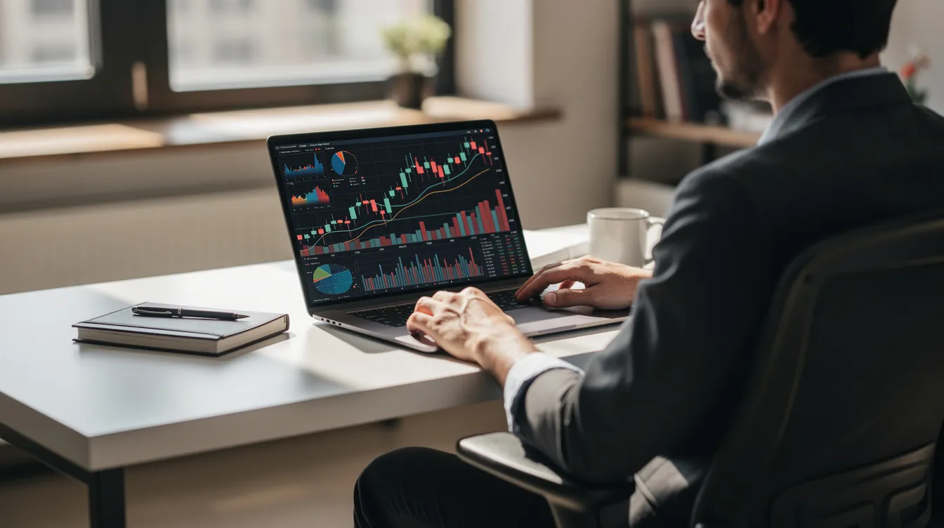 A person is sitting calmly at a desk, focused on a laptop screen displaying financial charts, with a relaxed posture and natural office lighting. This scene reflects a moment in daily life where one may be planning for their financial future, considering aspects like income, investing, and retirement.