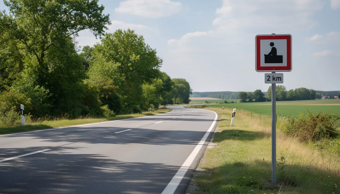 Das Bild zeigt eine deutsche Landstraße bei Tageslicht, flankiert von einem Verkehrsschild, das auf die THC Grenzwerte im Straßenverkehr hinweist. Autofahrer sollten sich der Regelungen bewusst sein, da ein THC Wert von 3,5 ng/ml im Blut zu einem Fahrverbot führen kann.