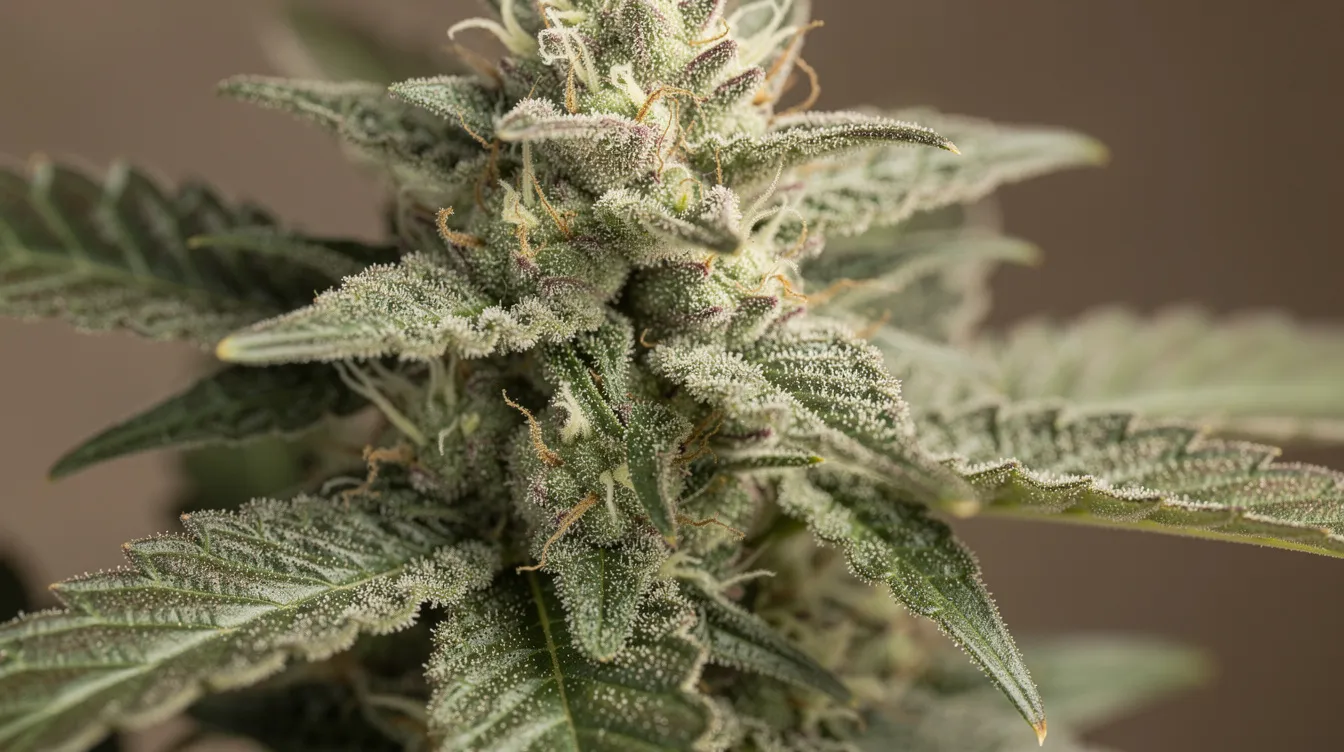 A close-up image of a cannabis flower reveals its frosty trichomes, showcasing the plant’s rich terpene profile, which includes aromatic compounds that contribute to its therapeutic and medicinal uses. The glistening surface hints at the potential benefits of different cannabis strains, including their calming and anti-anxiety properties.