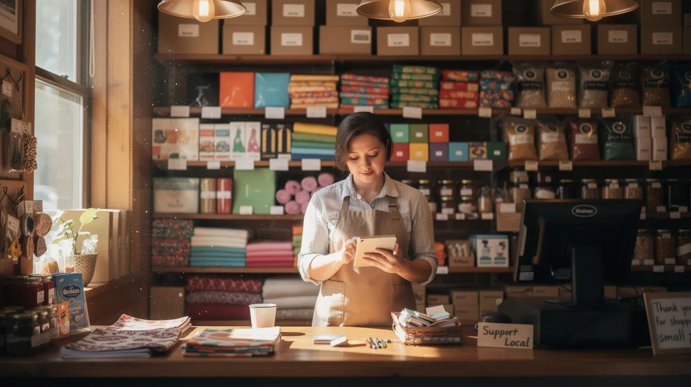 a4bfa3bd 0b17 4d6b a2db d4f4c6c8cbfa The image depicts a small business owner working diligently in a shop filled with shelves of diverse merchandise, showcasing their commitment to running a successful micro enterprise. This scene reflects the entrepreneurial spirit supported by financial institutions through schemes like the Pradhan Mantri Mudra Yojana, which provides essential financial assistance for income-generating activities.