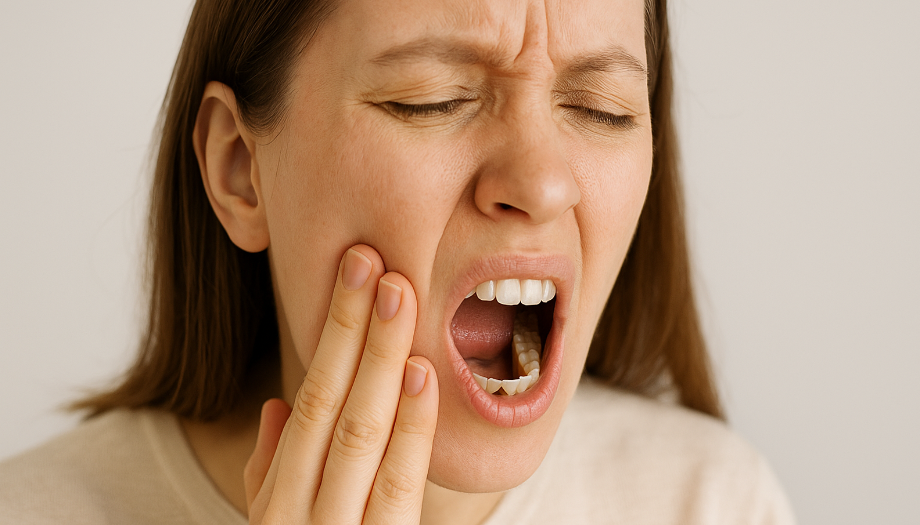 Mistet fylling i tann: Hva du må gjøre umiddelbart 7 Kvinne med tydelig smerte viser tann med mistet fylling mens hun holder hånden mot kinnet.