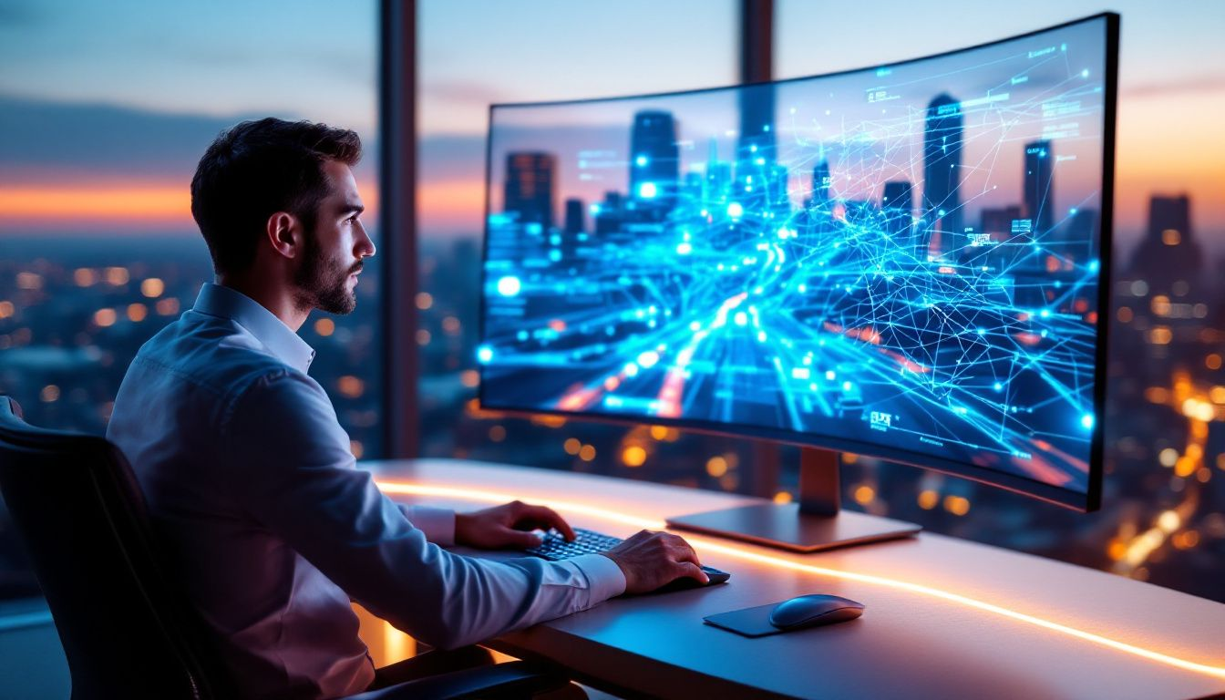 A fleet manager analyzing data on a computer screen for efficient fleet operations.