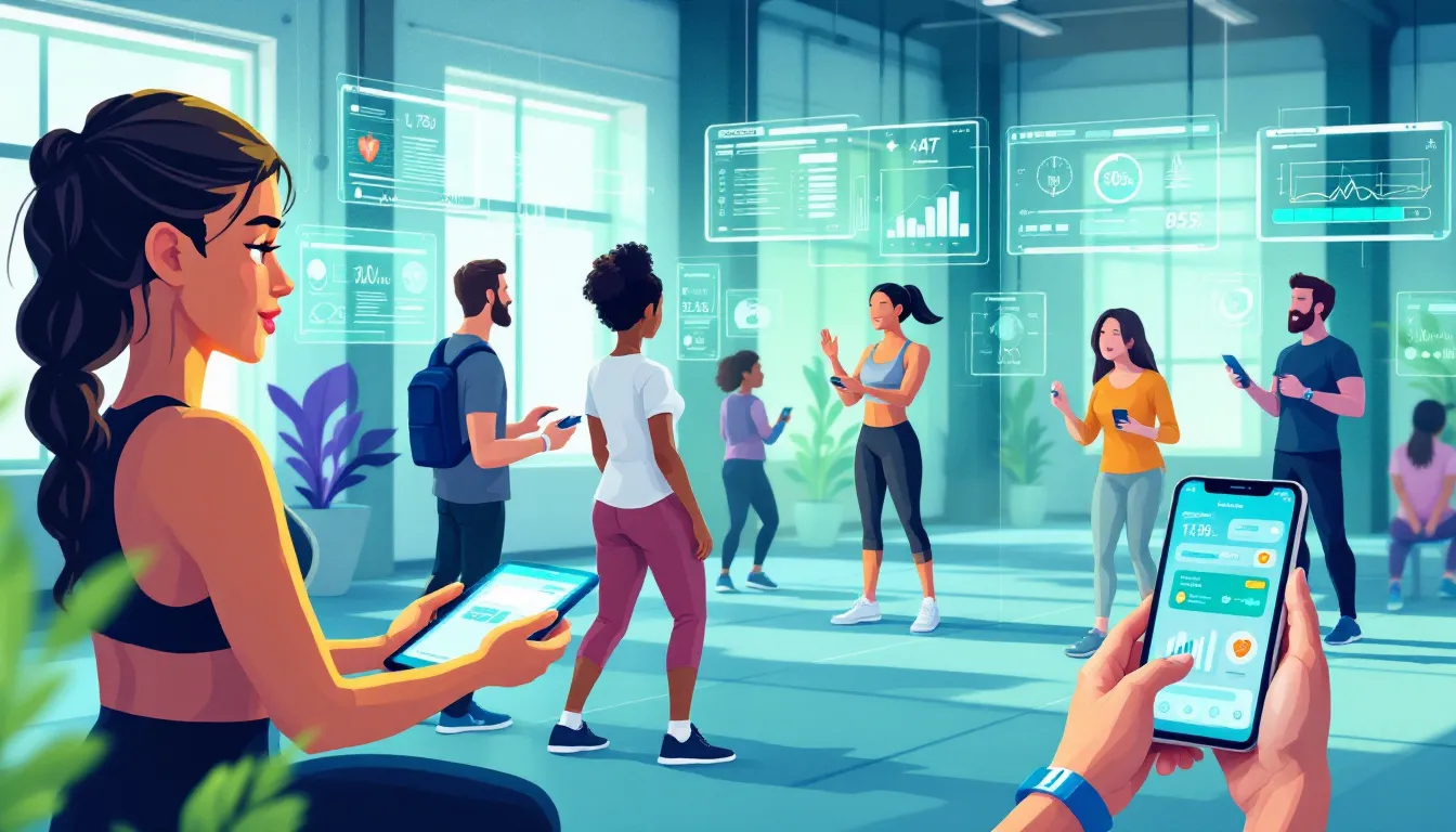 In a modern gym setting, an AI-powered personal trainer interacts with a user, analyzing their performance patterns and providing personalized workout plans. The scene highlights fitness enthusiasts engaged in training sessions, utilizing fitness apps that offer real-time feedback and gamified motivation to track their progress and achieve their fitness goals.