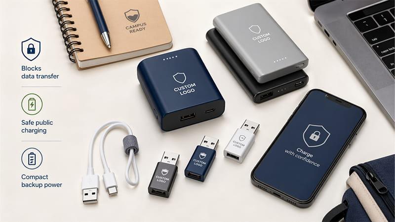 College tech swag with custom logo power banks and USB data-blocking adapters for safe campus charging