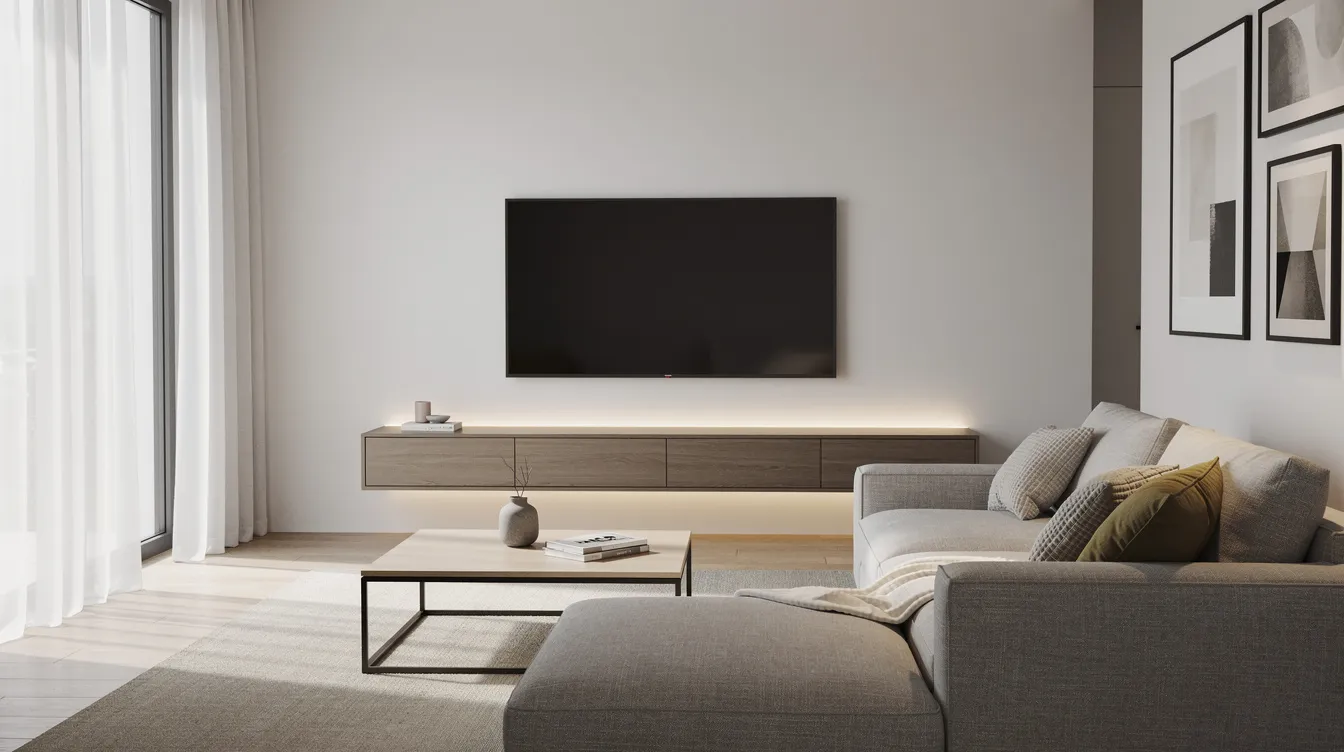 The image depicts a modern living room featuring a wall-mounted flat screen TV with neatly concealed cables, creating a clean and organized appearance. This setup is ideal for enjoying quality entertainment, and highlights the importance of professional DSTV installation services for the best viewing experience.