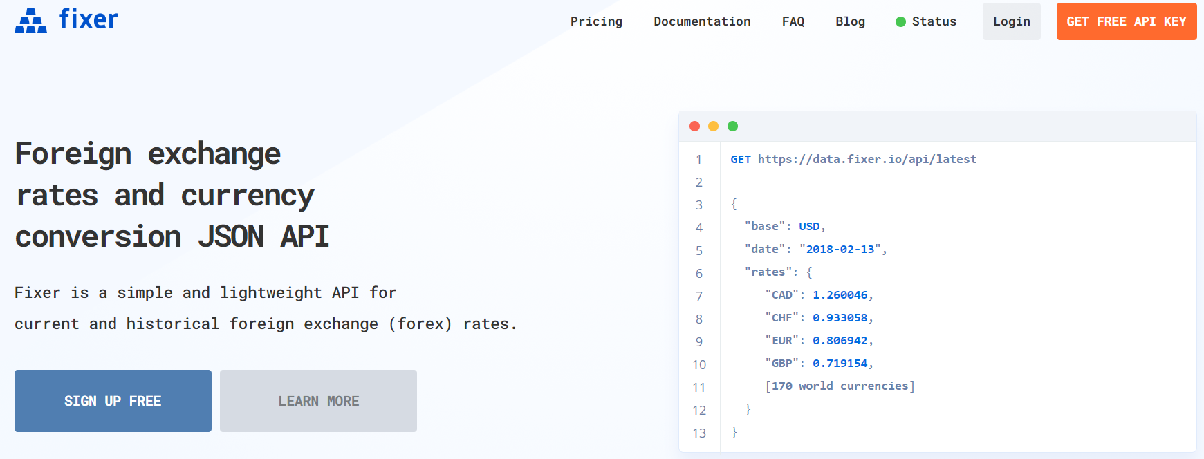 home page of the fixer foreign exchange rates api