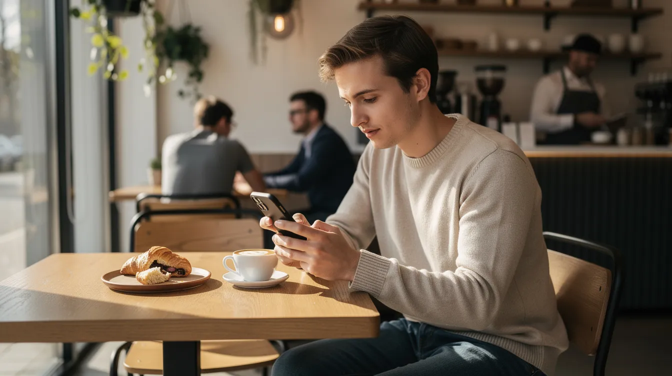 A person is sitting at a coffee shop, scrolling through social media on their smartphone, engaging with various posts that could enhance brand visibility and attract potential customers. This scene illustrates the importance of top of funnel marketing in reaching a broader audience and generating leads through engaging content.