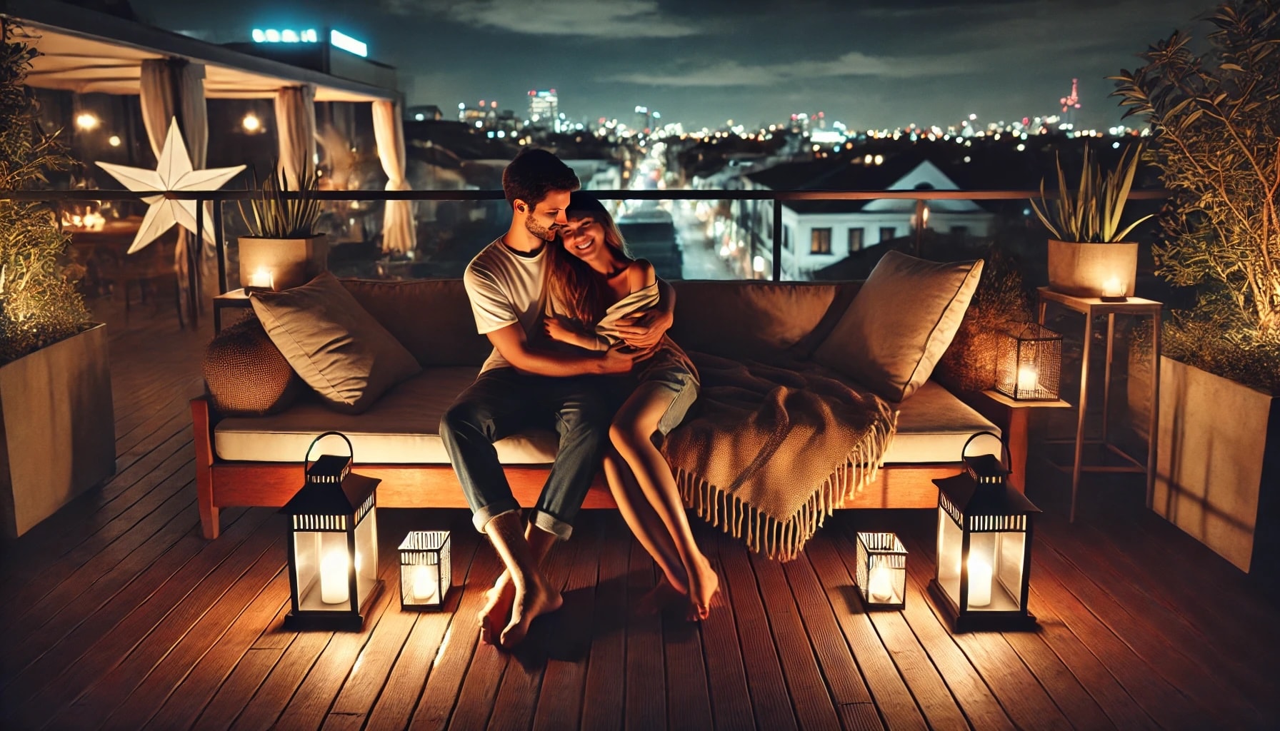 A couple sitting together on a cozy rooftop terrace at night