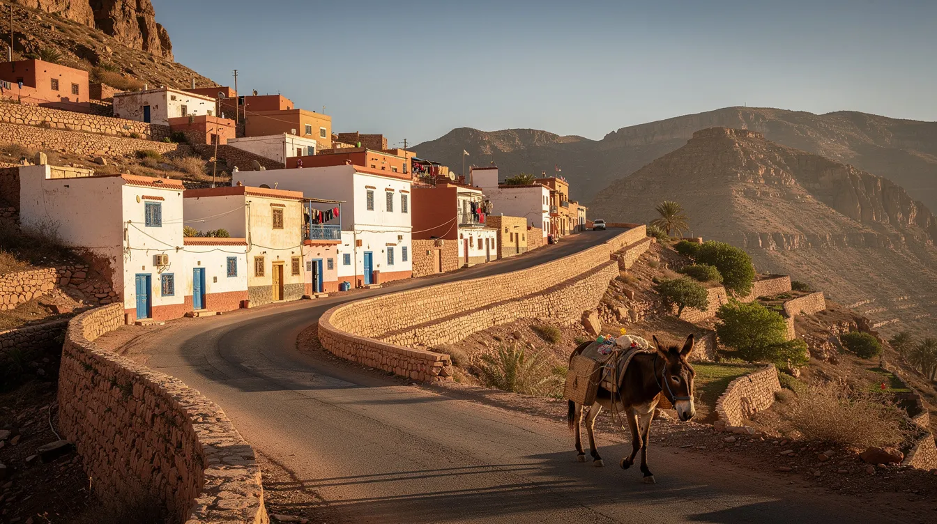 Une route de montagne étroite dans un village marocain, un âne marchant sur le bas-côté.