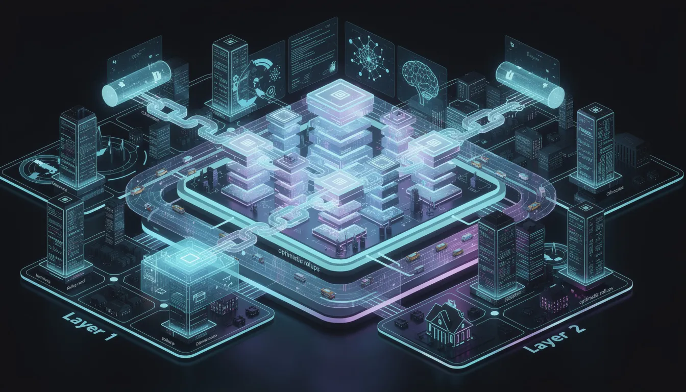 The image depicts a vibrant blockchain ecosystem showcasing Layer 3 solutions, emphasizing their ability to enhance scalability and transaction speeds through techniques like sharding and parallel processing. The visual highlights the integration of Layer 2 solutions, such as optimistic rollups, which contribute to lower transaction costs and improved interoperability among multiple chains, positioning these technologies for widespread adoption in decentralized finance and enterprise solutions.