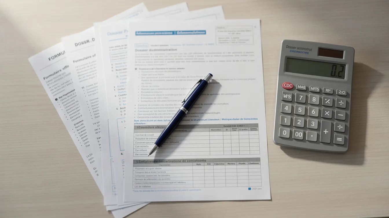 L'image montre des documents administratifs soigneusement disposés sur un bureau en bois, accompagnés d'un stylo et d'une calculatrice. Ces éléments évoquent des démarches liées aux aides financières pour les travaux de rénovation, notamment dans le cadre du prêt à taux zéro et des subventions de l'agence nationale de l'habitat.