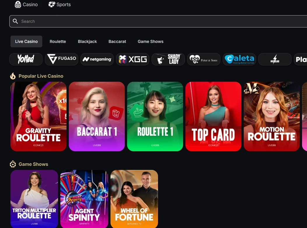 A lobby with a choice of games against real dealers