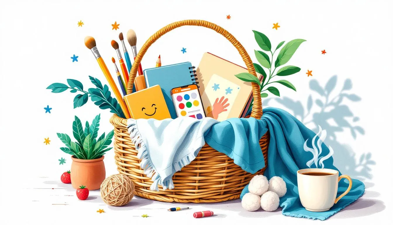 Creative expression basket filled with art supplies and relaxation items.